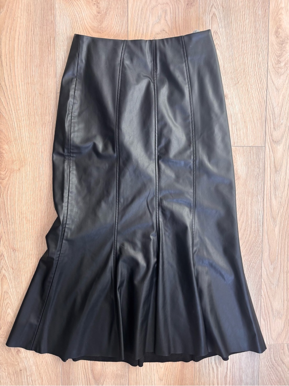 Zara Black Faux Leather Midi Skirt with Flared Hem